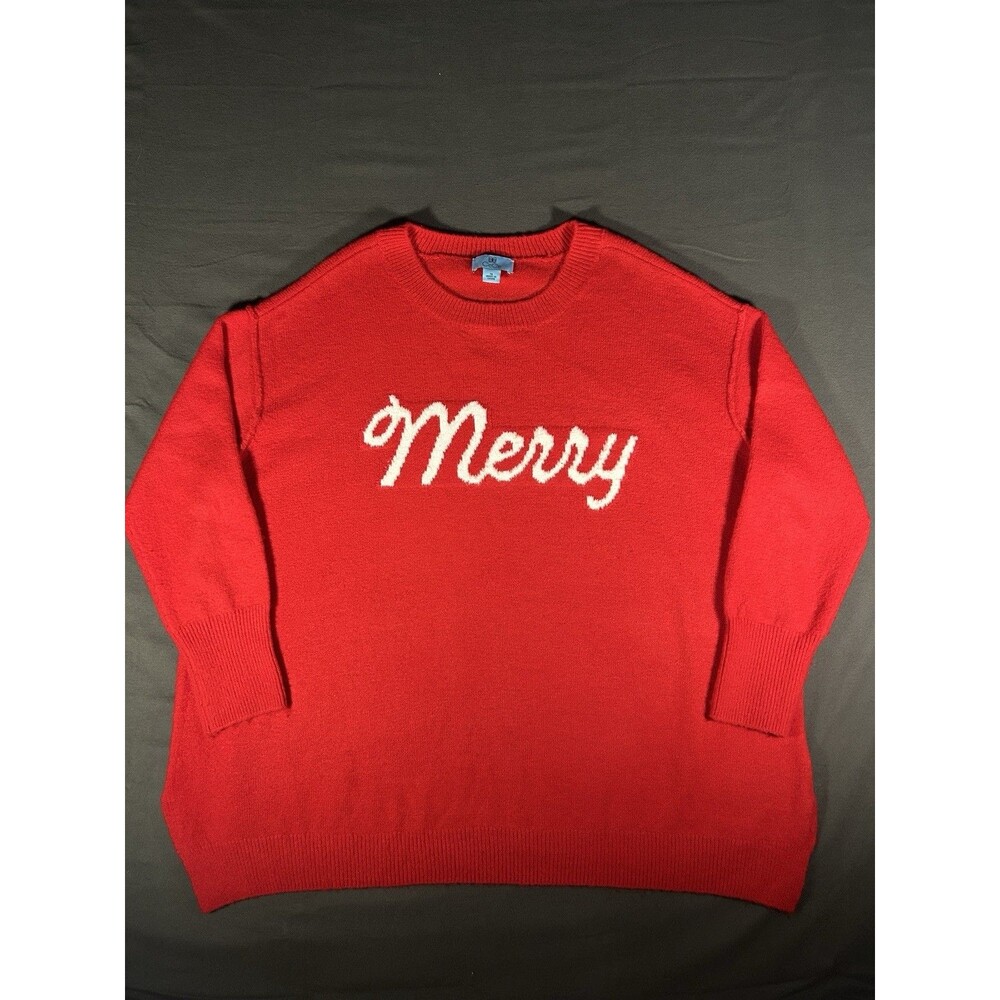 CeCe Merry Christmas Sweater Womens 1X Red Knit Holiday Festive Pullover Granny